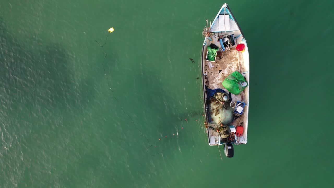 Aerial top down shot of two fishermen pulling out net and fish from the ...