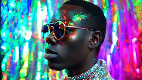 a man wearing a silver jacket and sunglasses in front of a colorful background