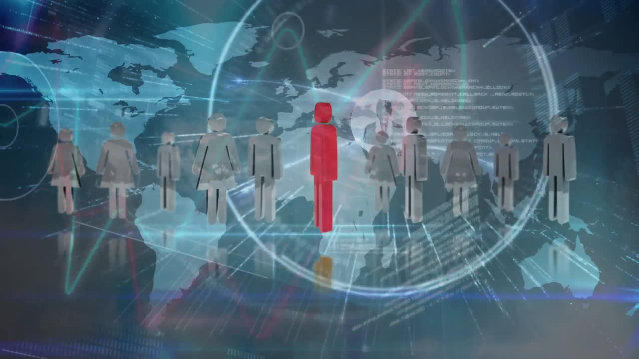 파란색 배경에 아이콘과 데이터 처리를 가진 세계 지도의 애니메이션