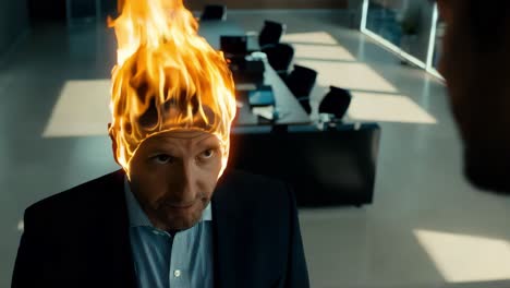 man with flames on head in office