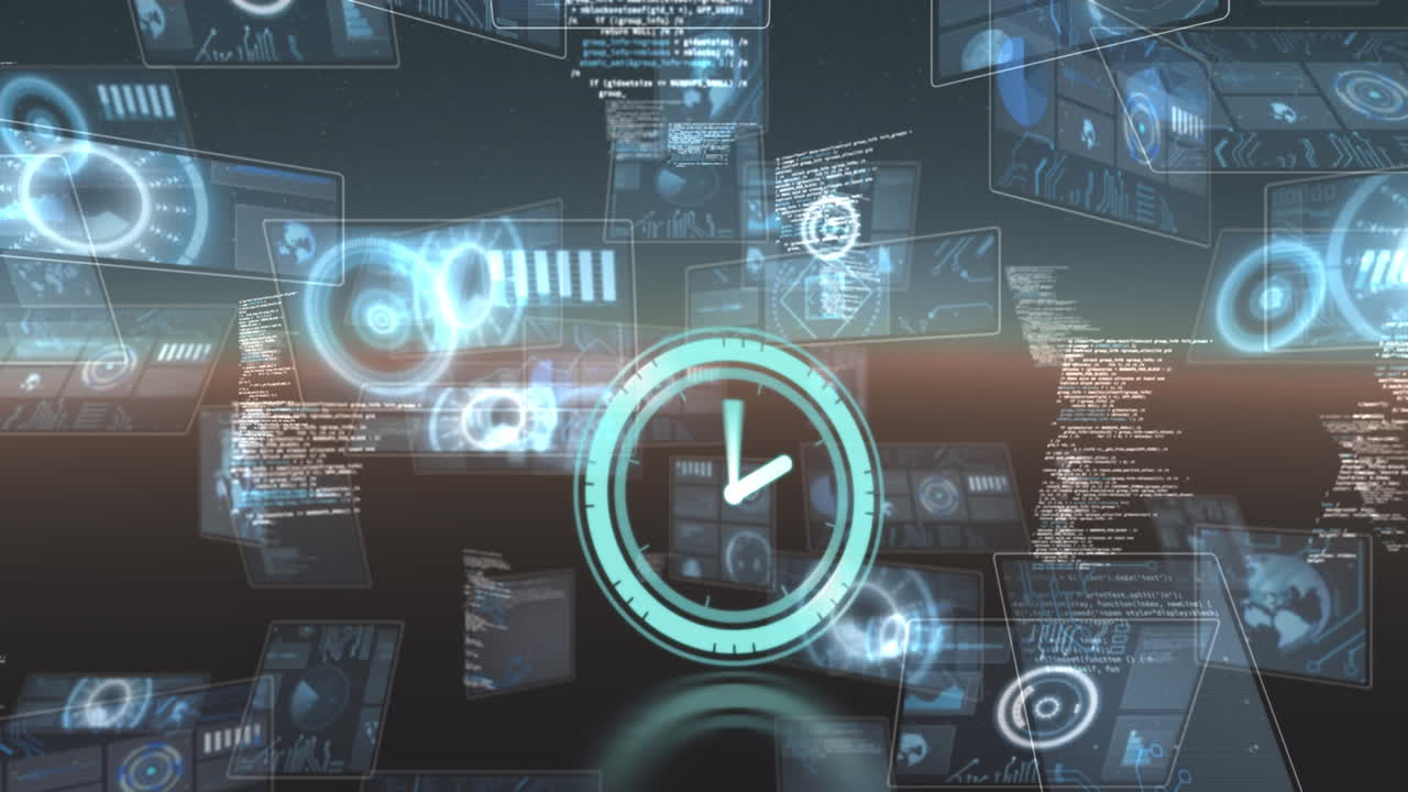 Neon digital clock ticking against multiple round scanners and data processing on blue background
