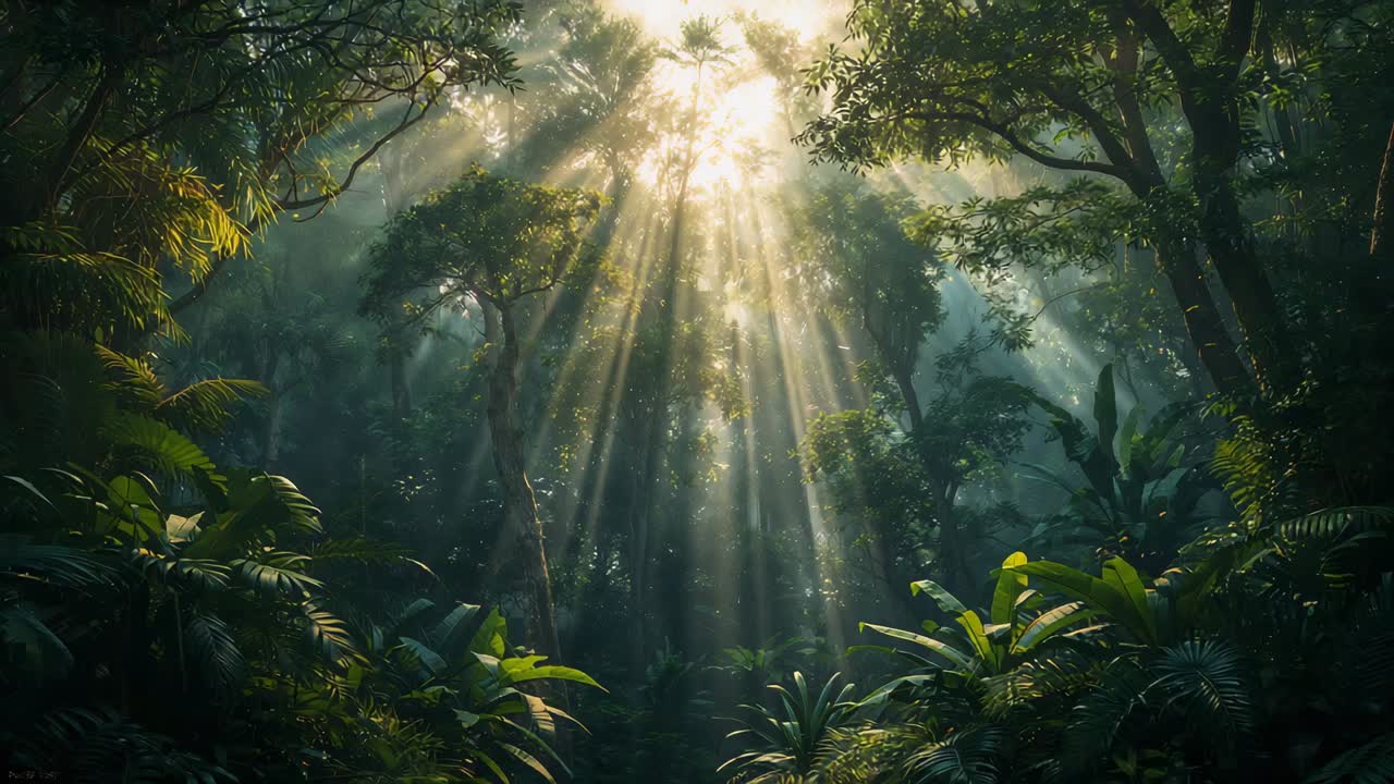 Stepping from frame bottom, woman wearing crop top and bottoms, pausing, watching sun shafts