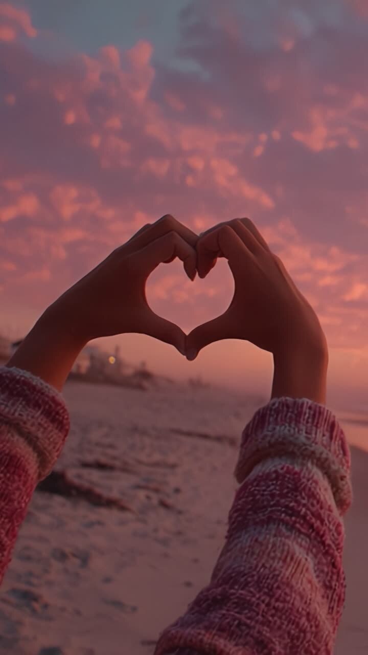 Um Belo Pôr do Sol Capturado com Mãos em Forma de Coração, Simbolizando Amor e Conexão Contra um Céu Deslumbrante de Cores Quentes