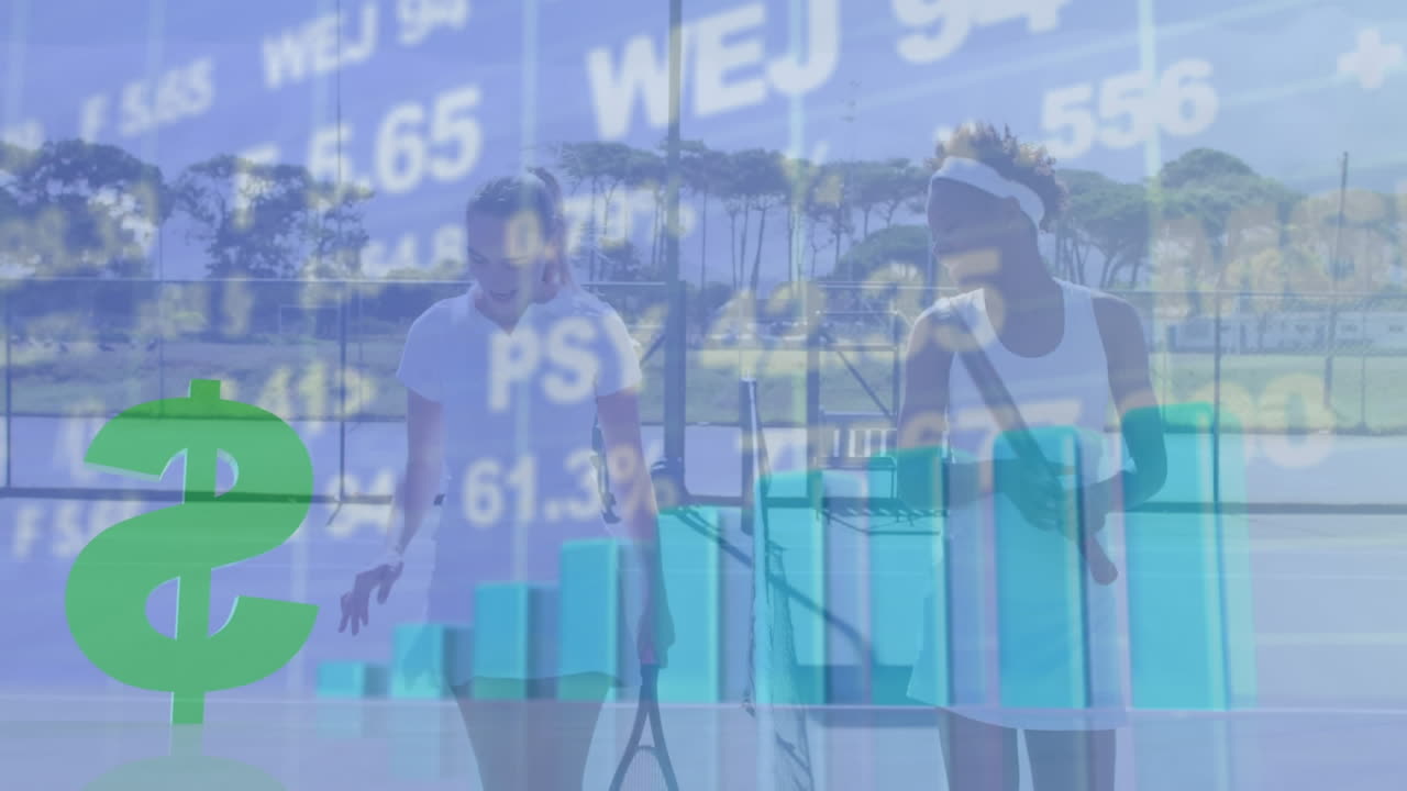 animación del procesamiento de datos financieros con el símbolo del dólar sobre diversos jugadores de tenis.