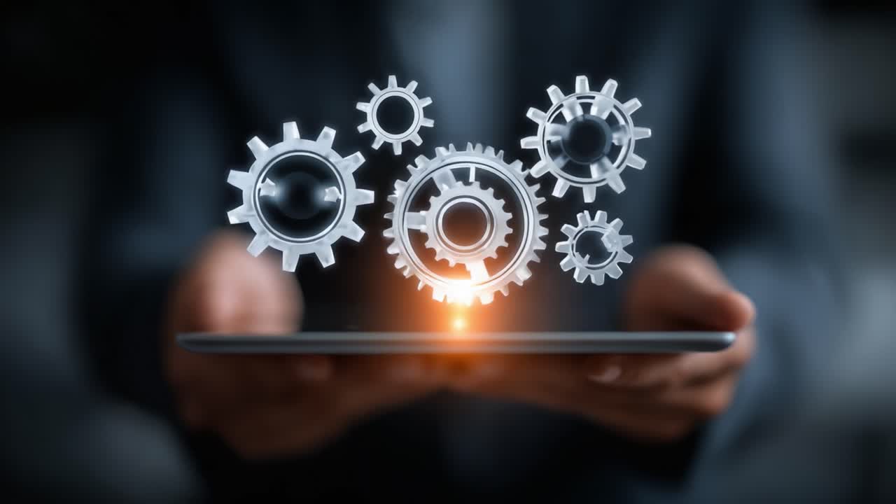A Seamless Integration of Technology and Innovation as Hands Interact with a Tablet Displaying Rotating Gears Representing Industrial Engineering Advancements