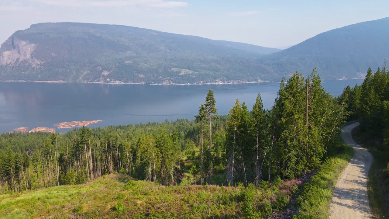 Panning dolly-in drone footage of a logging road leading through Canadian conifers next to a blue lake in between giant mountains