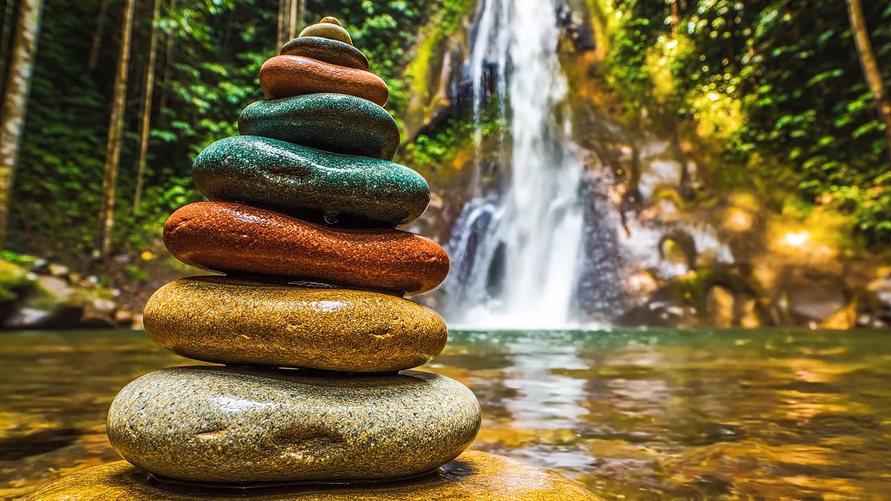 Pila bilanciata di pietre colorate contro una scenografica cascata nella foresta