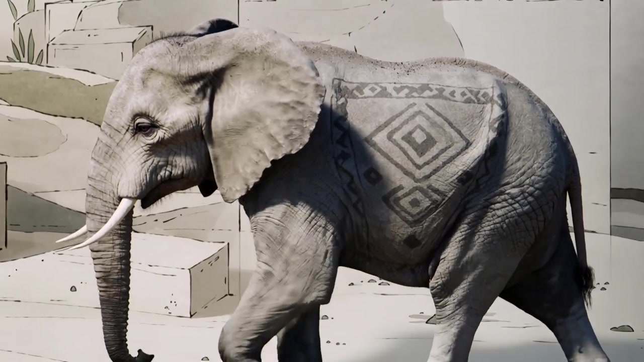 En gående elefant kommer ind fra venstre og bevæger sig hen over en tegnet klippescene med et geometrisk mønster på siden.