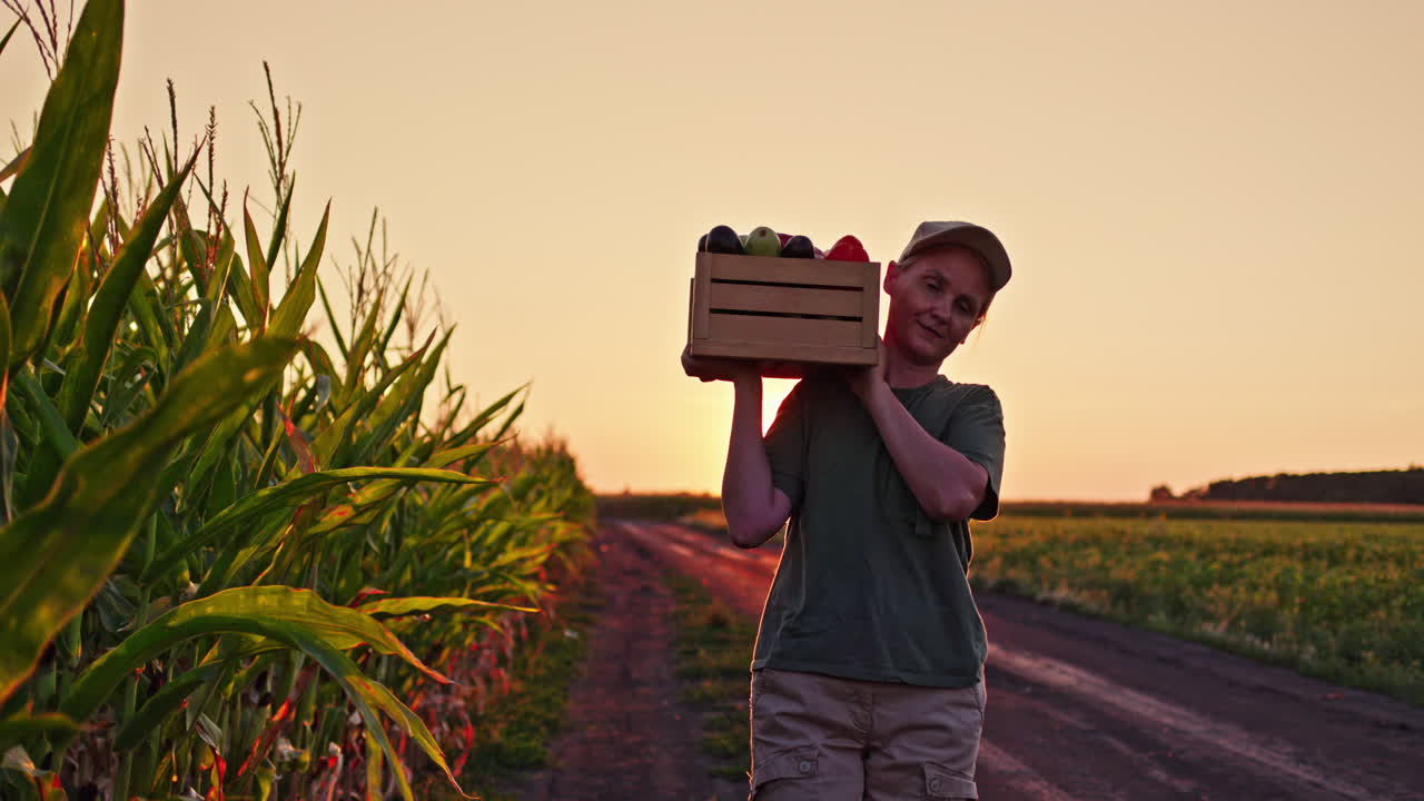 Farmer with harvest in a cornfield at sunset