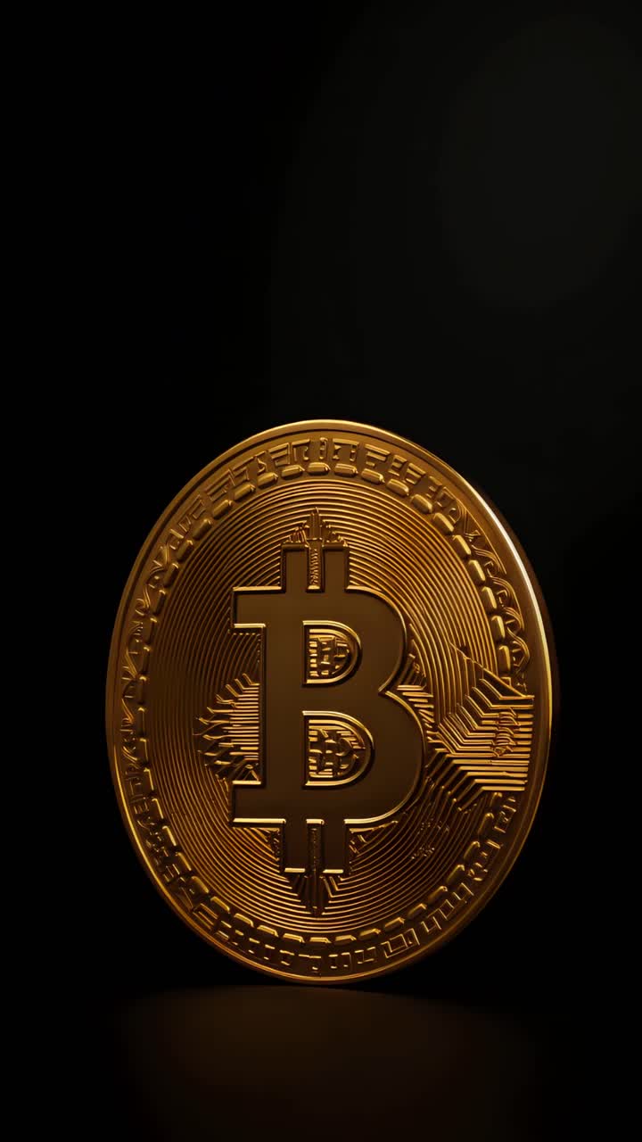 Animazione rotante di Bitcoin dorato su sfondo scuro, criptovaluta cinematografica 4K.