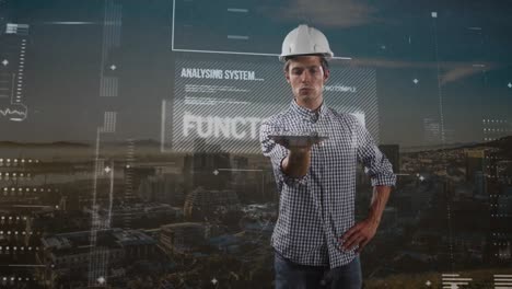 animation of digital screen with diverse data over caucasian male engineer and cityscape