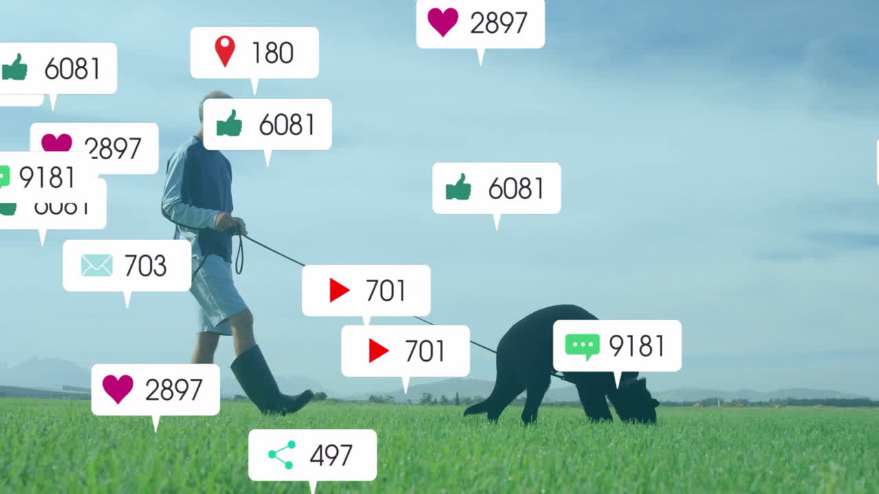 middle-aged man walking pig in green field, showcasing floating social media marketing icons