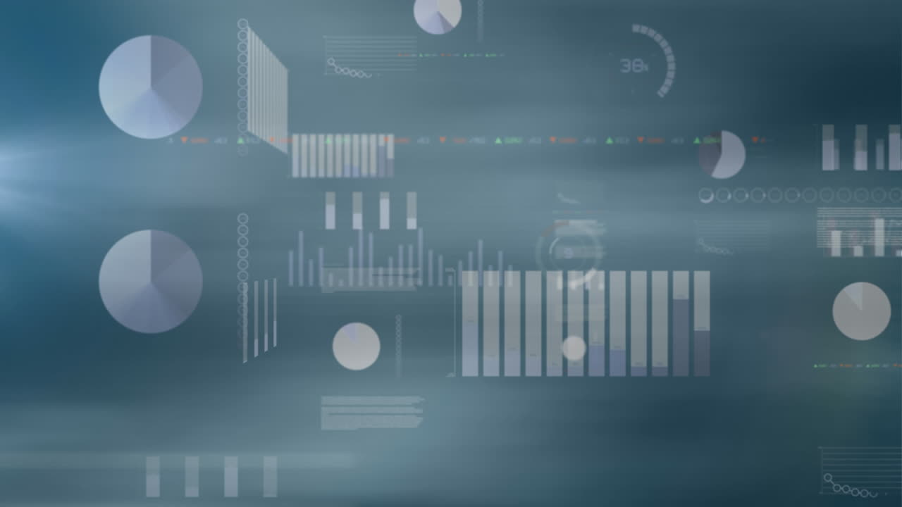 Animation of screens with statistical data processing against blue blurred background