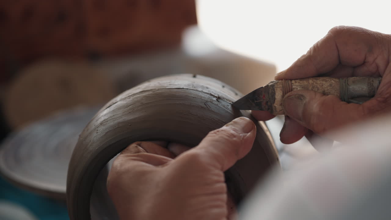 Close up view of a potter shaping a clay pot.