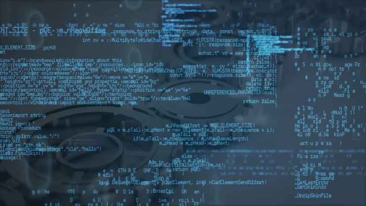 Animation of data processing on blue background with cogs