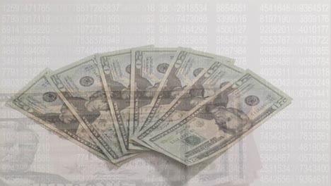 Animation-Amerikanischer-Dollar-Banknoten-In-Reihe-über-Händen,-Die-Amerikanische-Dollar-Banknoten-Zählen