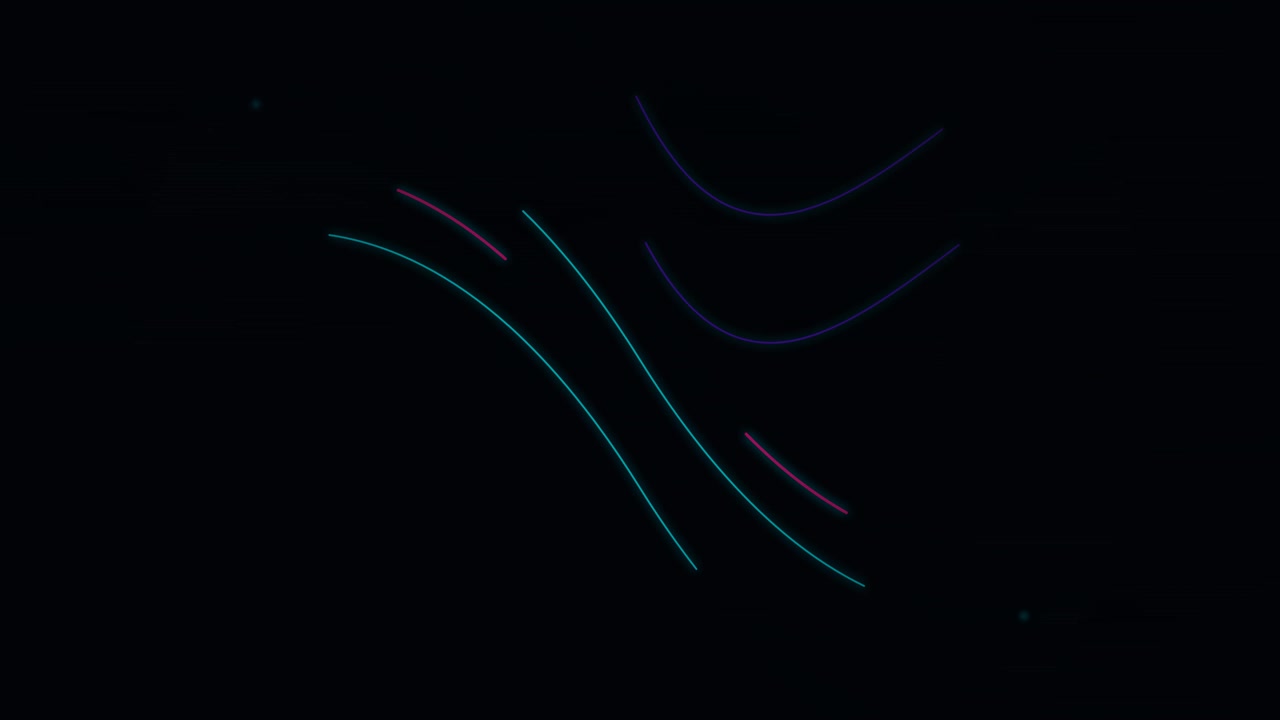 Abstraktní pohybová grafika se svítícími neonovými linkami na černém pozadí