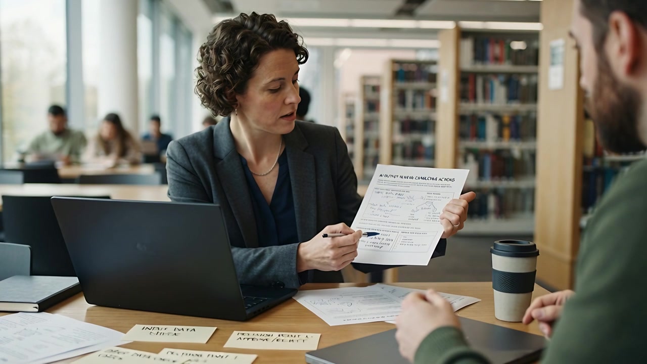 Presenting form advisor woman in blazer clarifying form to man at library table, pointing pen