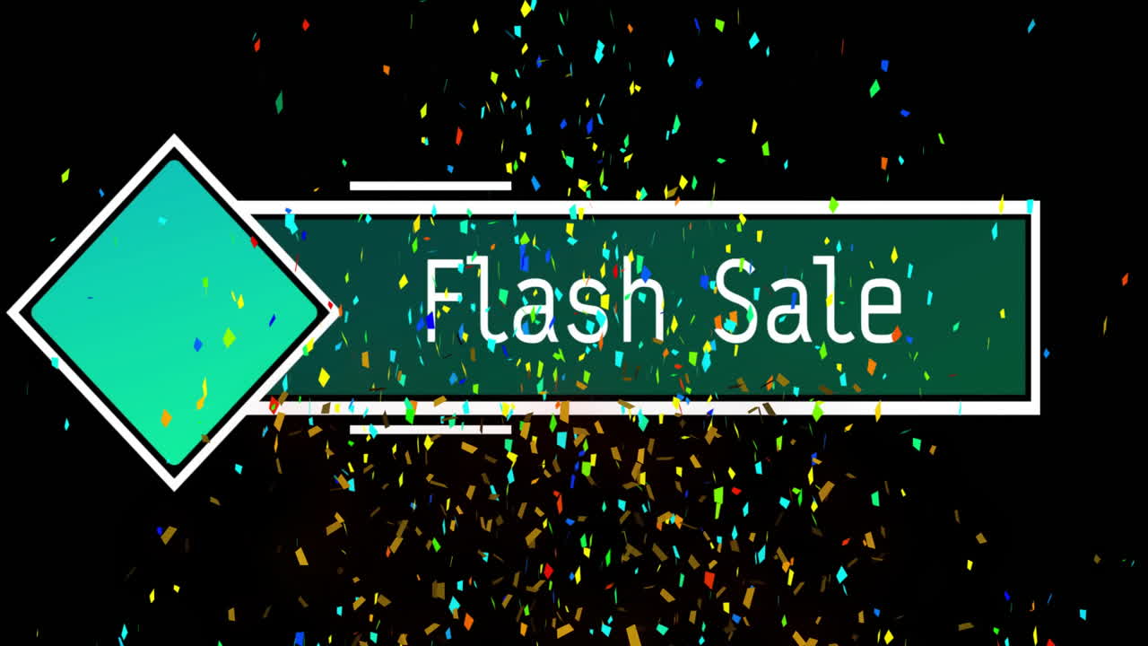 블랙 배경에 다채로운 콘페티와 함께 플래시 판매 텍스트 애니메이션