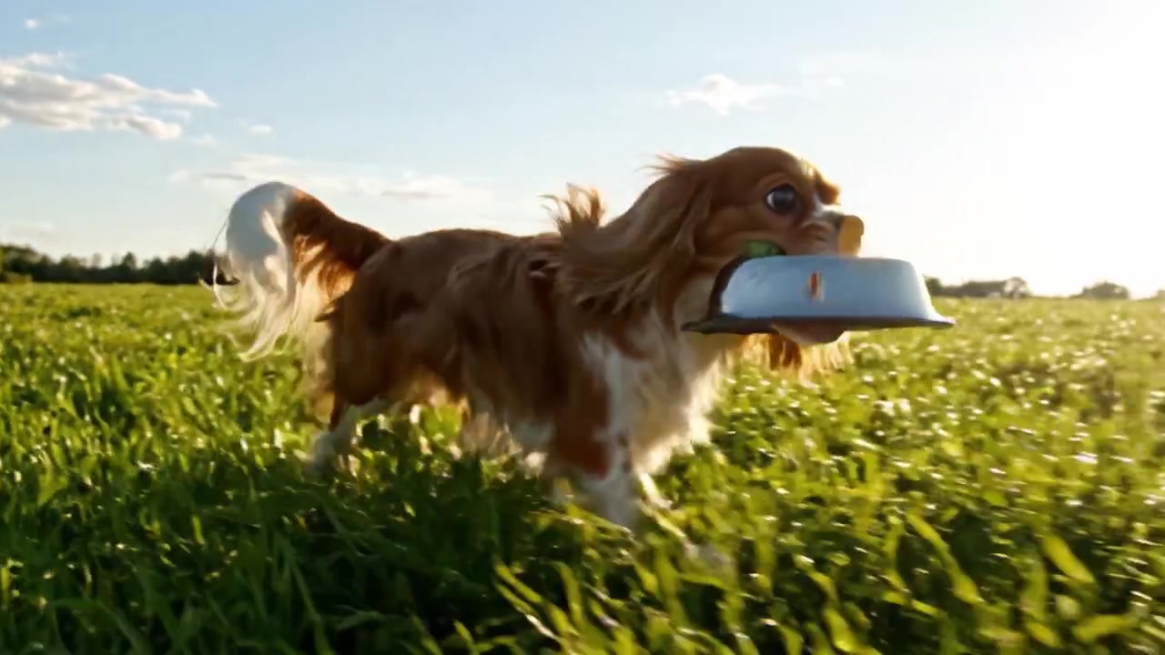 Un cane gioioso insegue la felicità attraverso un campo verde rigoglioso mentre porta la sua ciotola, abbracciando la libertà di una giornata di sole all'aperto.