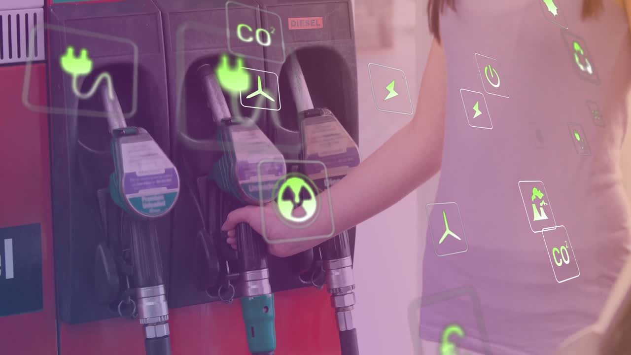 주유소에 있는 백인 여성 위에 생태학 아이콘의 애니메이션