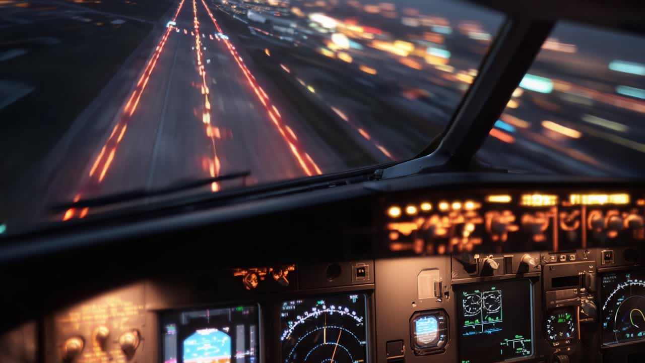 A Pilot's Perspective: Capturing the Thrilling Moments of Descent as an Aircraft Approaches a Busy Runway at Night with Bright City Lights and Navigational Displays