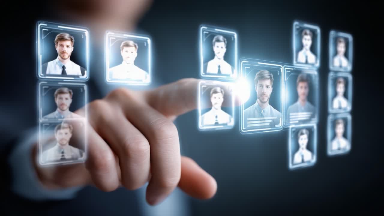 A business professional interacts with digital representations of individuals, navigating through a holographic interface featuring profiles, showcasing technology in a modern work environment