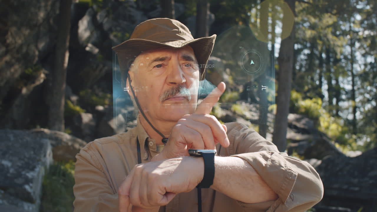 turista masculino de edad avanzada que utiliza un reloj inteligente con interfaz ar