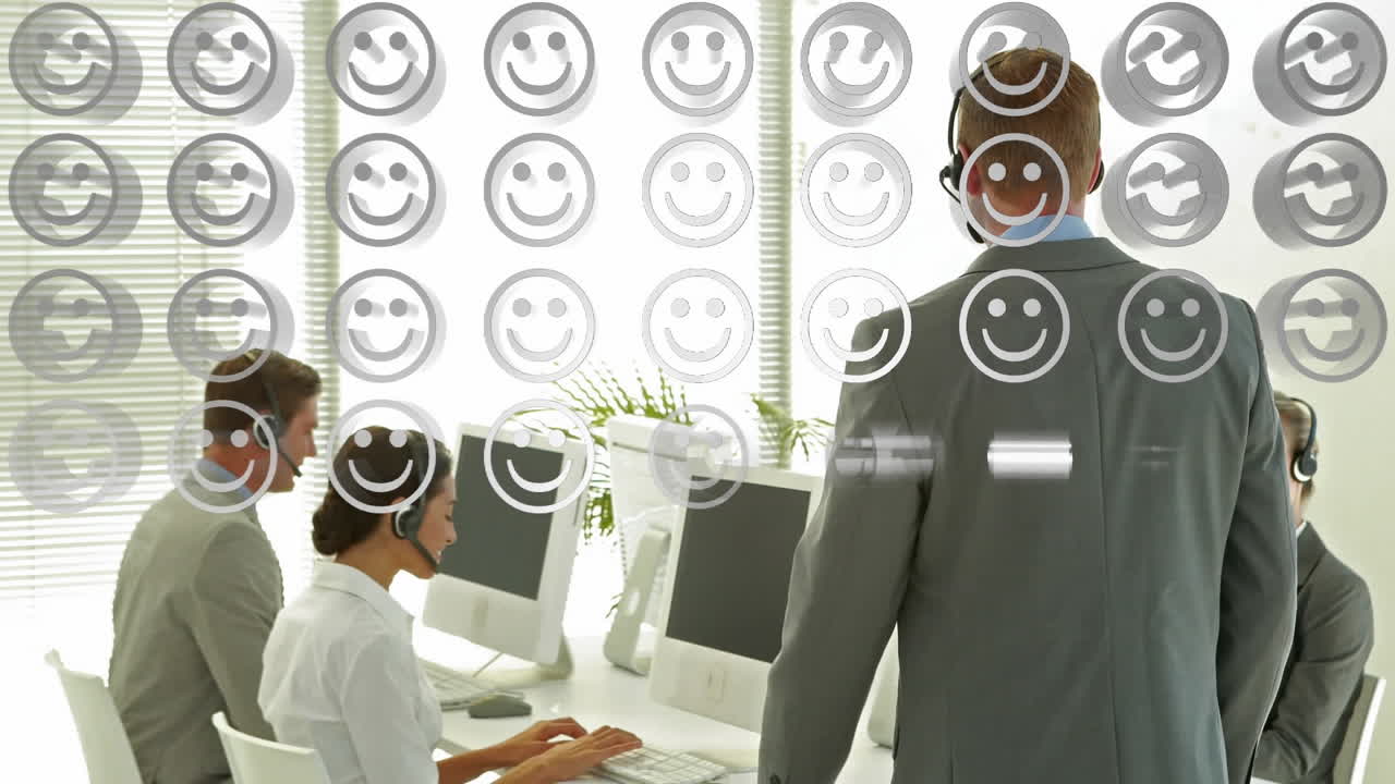 ⁇ 드폰 헤드 ⁇ 을 착용 한 사업가 들 위 에모지 아이콘 의 애니메이션