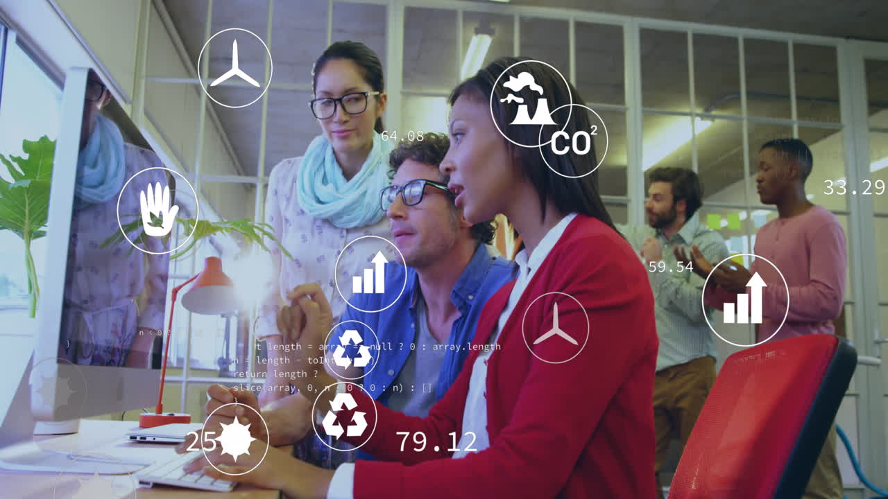 Animation of eco icons and data processing over diverse business people in office