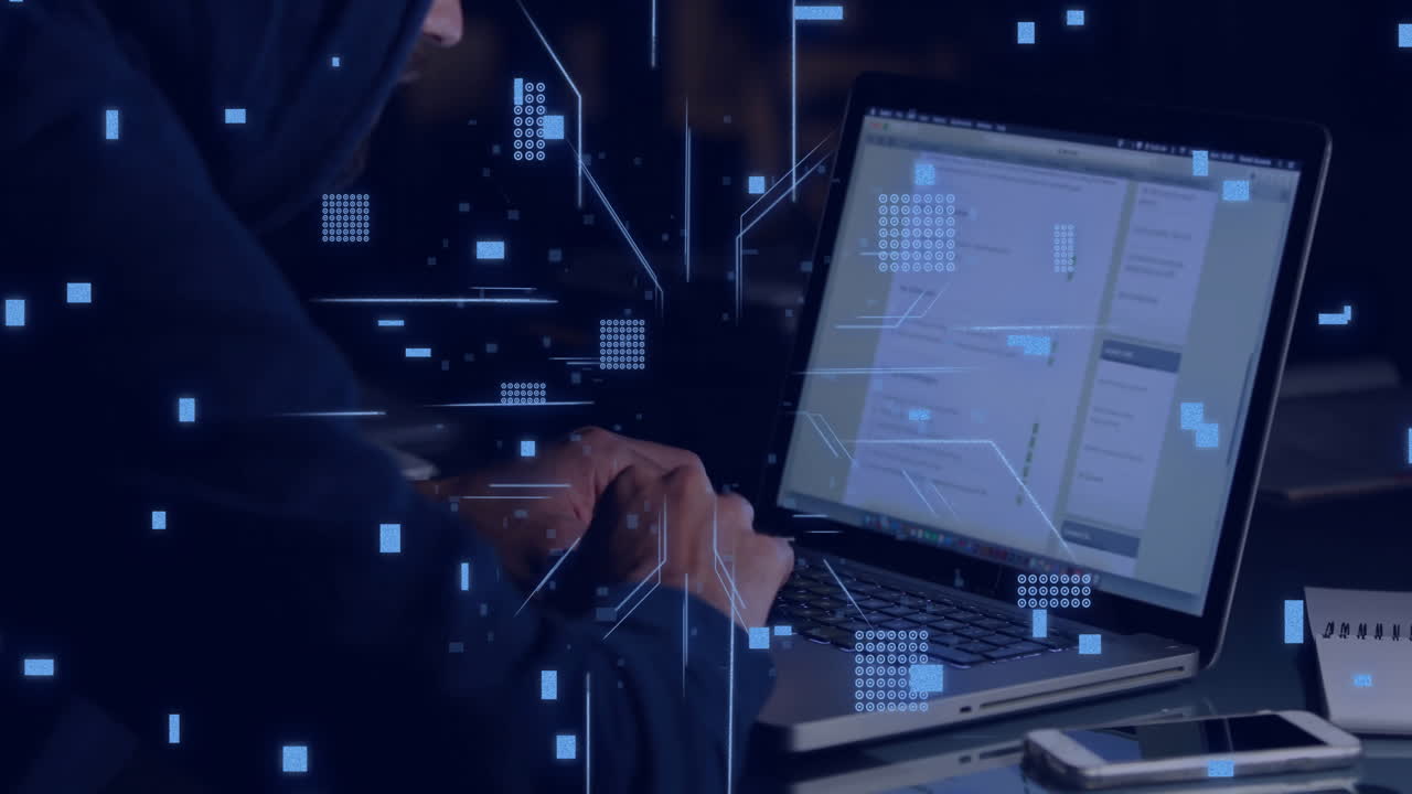 Animation of circuit board with data processing over male hacker using laptop