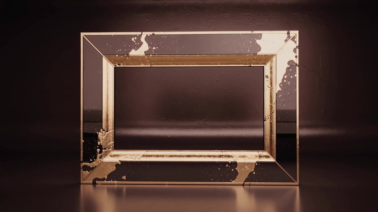 Orbiting camera revealing large gold frame with patina on glossy floor, showcasing warm gradient