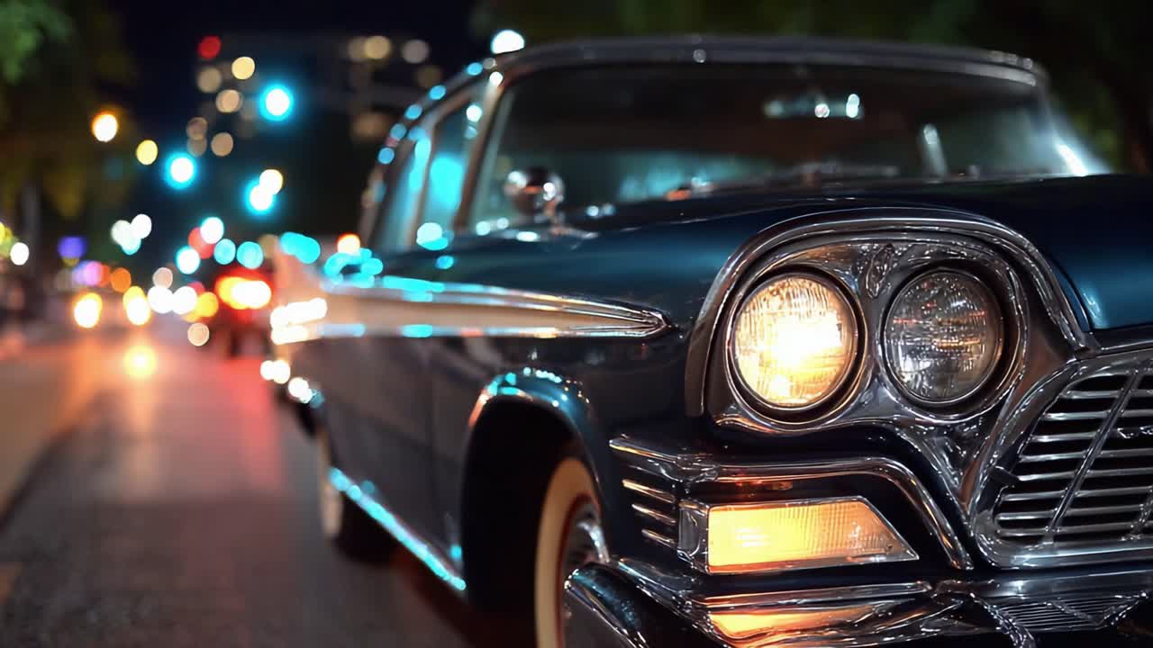 Klassischer Oldtimer in einer nächtlichen Stadtszene: Ein Hauch von Eleganz und Nostalgie in lebhaften Straßen, die von Neonlichtern beleuchtet werden