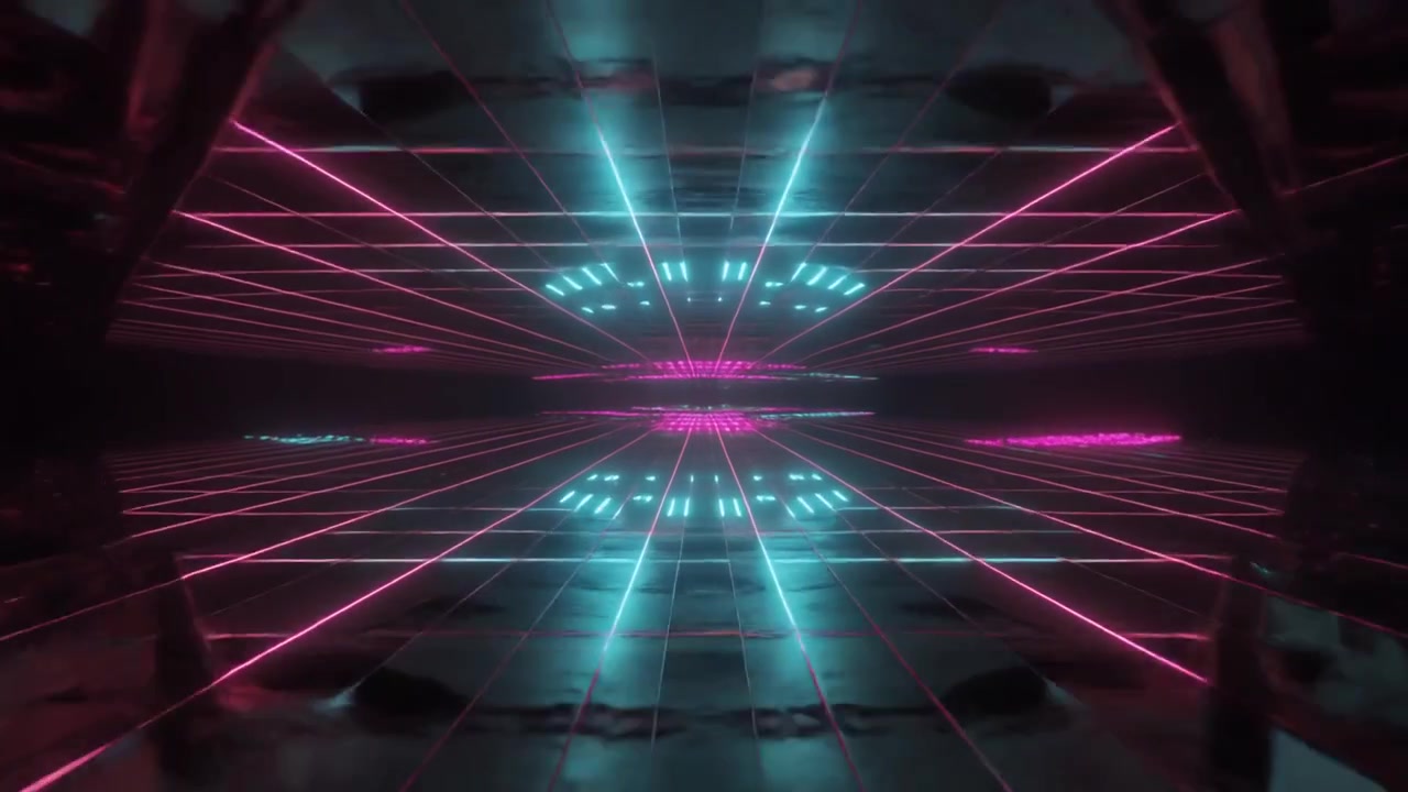 Tunnel a griglia neon futuristico con luci rosa e blu luminose