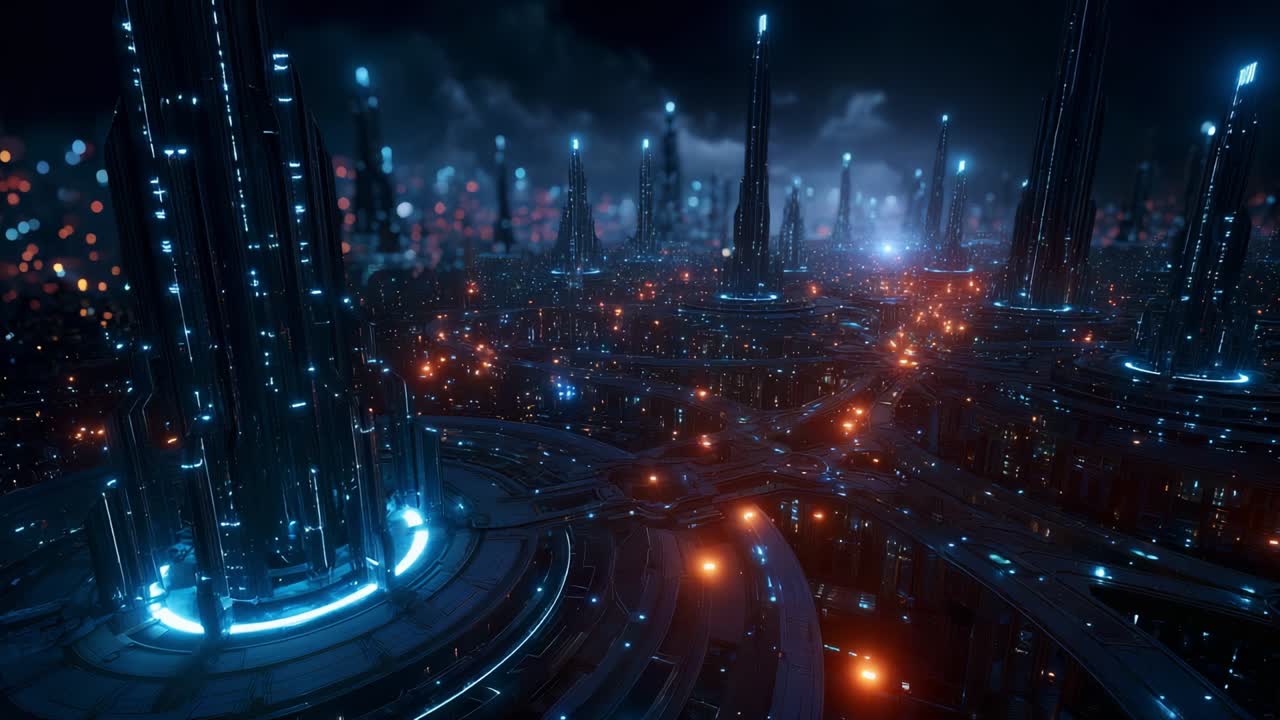 A breathtaking view of a futuristic cityscape illuminated by vibrant neon lights and towering structures, showcasing a blend of technology and artistry in a captivating night scene filled with energy and atmosphere