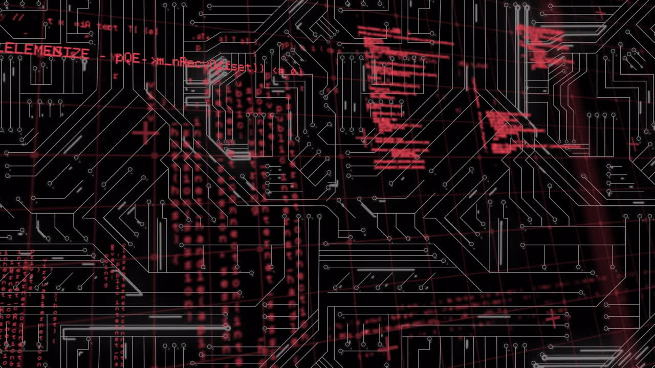 Digital animation of data processing against microprocessor connections on black background
