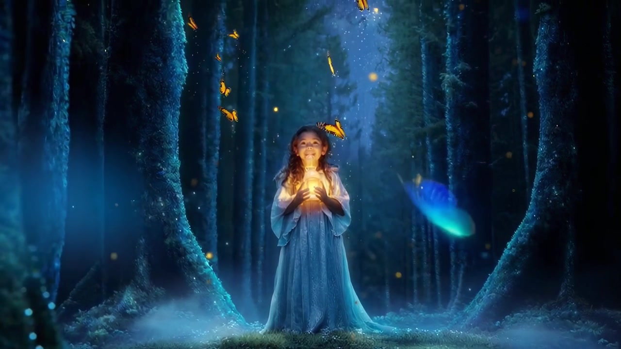 Giovane ragazza che tiene una lanterna luminosa in una foresta incantata con farfalle