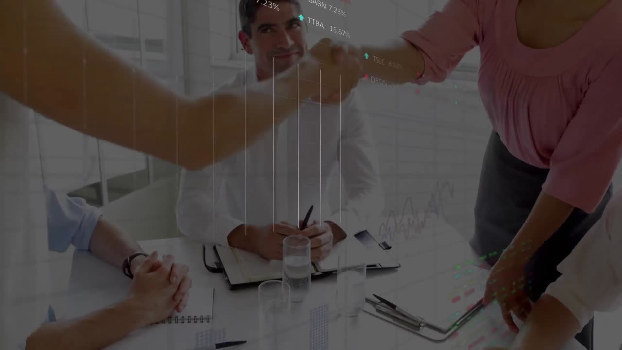 animación de estadísticas y procesamiento de datos sobre el apretón de manos de un empresario