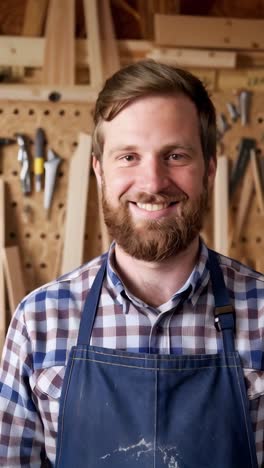 a man with a beard and a blue apron is standing in front of a wall with tools
