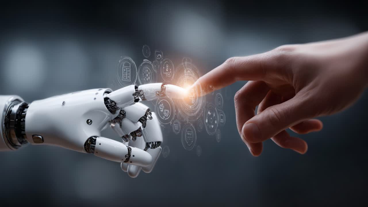 The Intersection of Humanity and Technology: A Robotic Hand Reaches Out to Connect with a Human Touch in a Digital Realm of Innovation and Interaction