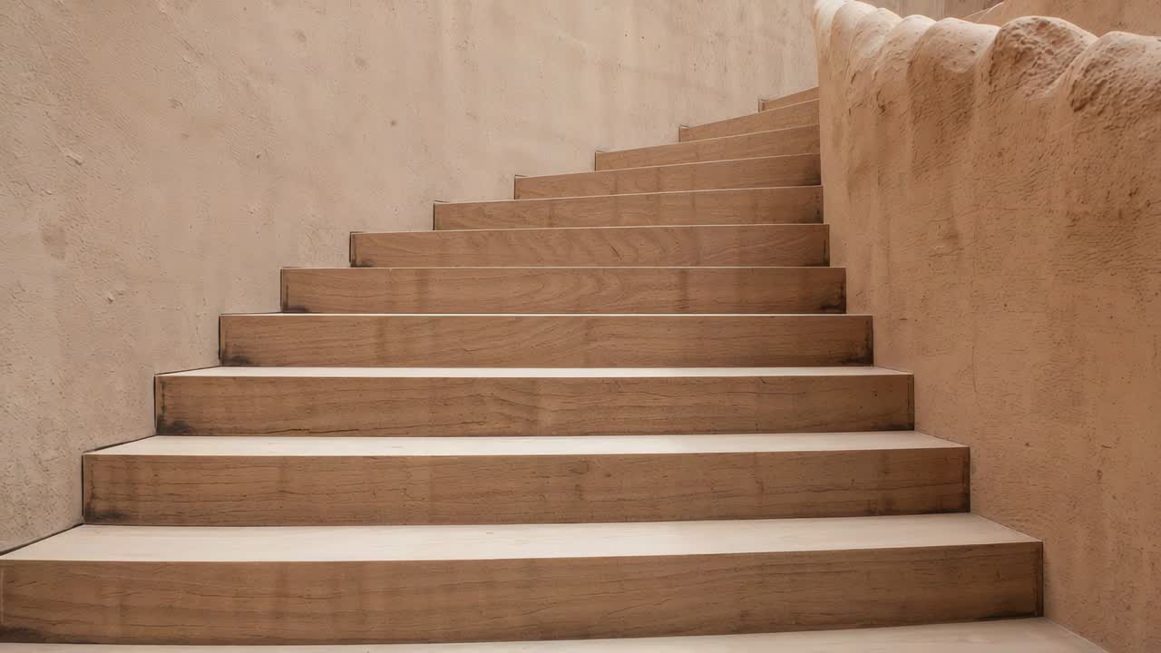 Nudging camera showing ascending staircase in interior stairwell, rounded plaster balustrade