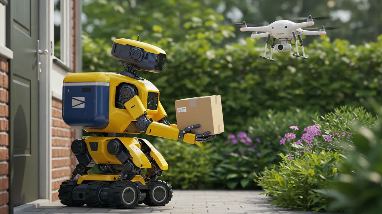 A Futuristic Interaction: A Friendly Robot Receives a Package from a Drone Amidst a Lush Garden Setting, Showcasing Innovations in Delivery Technology