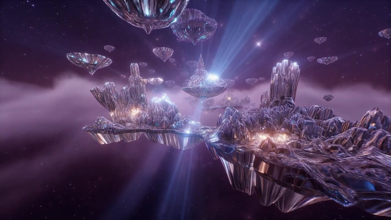 Floating Crystal Islands in a Surreal Purple Nebula Space