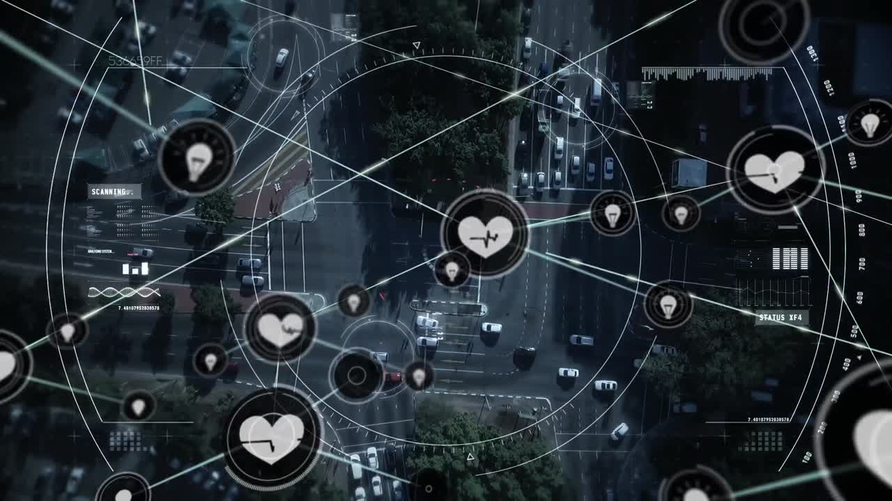 animación de la red de conexiones y escaneo de alcance sobre el paisaje urbano