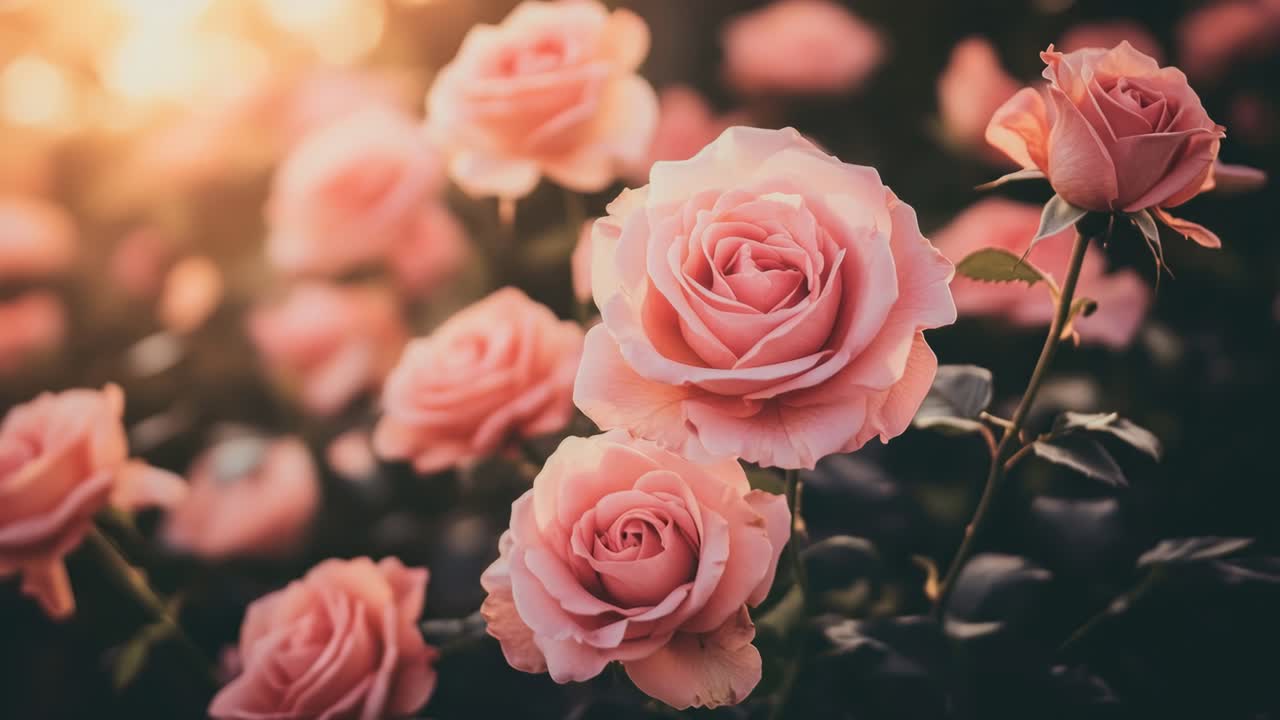 Video ravvicinato di rose rosa in fiore con messa a fuoco morbida, catturando i petali delicati e la calda.