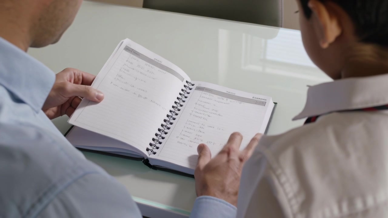 Un adulto in maglietta blu sfoglia un'agenda a spirale, girando una pagina bianca su una scrivania di vetro, mentre un ragazzo osserva il programma.