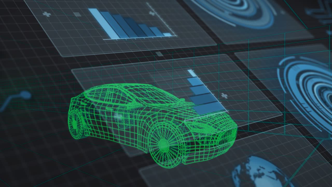 Blue bar chart appearing, bars sliding onto green wireframe 3D car model, visualizing diagnostics