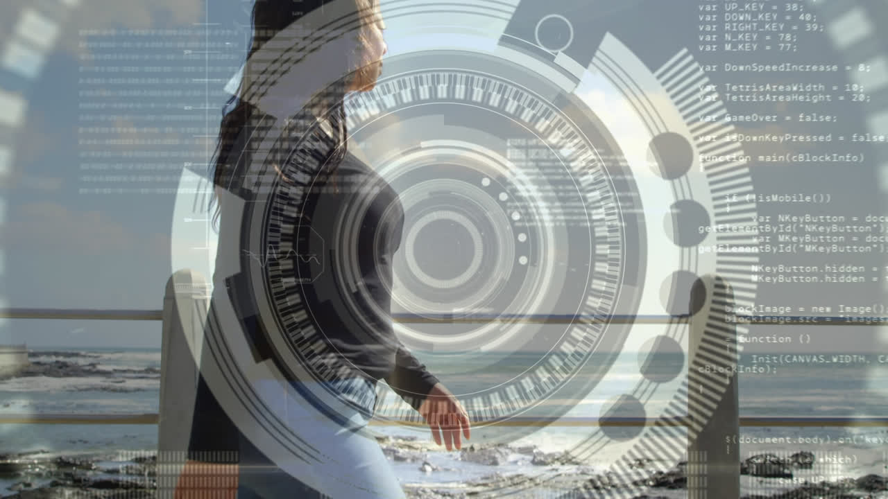 escáner redondo y procesamiento de datos contra mujer afroamericana con pierna protésica caminando