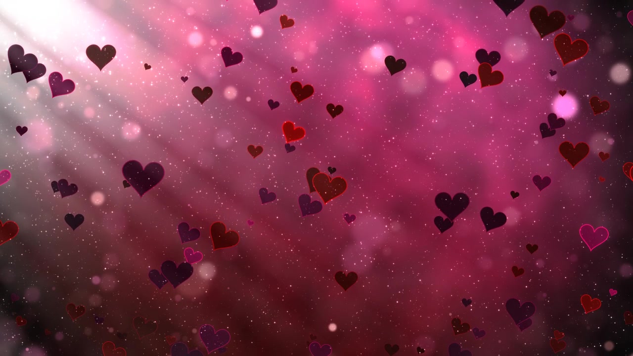 Animazione romantica e ripetibile di cuori rossi e viola che cadono attraverso uno sfondo bokeh rosa luminoso, perfetta per le celebrazioni di San Valentino