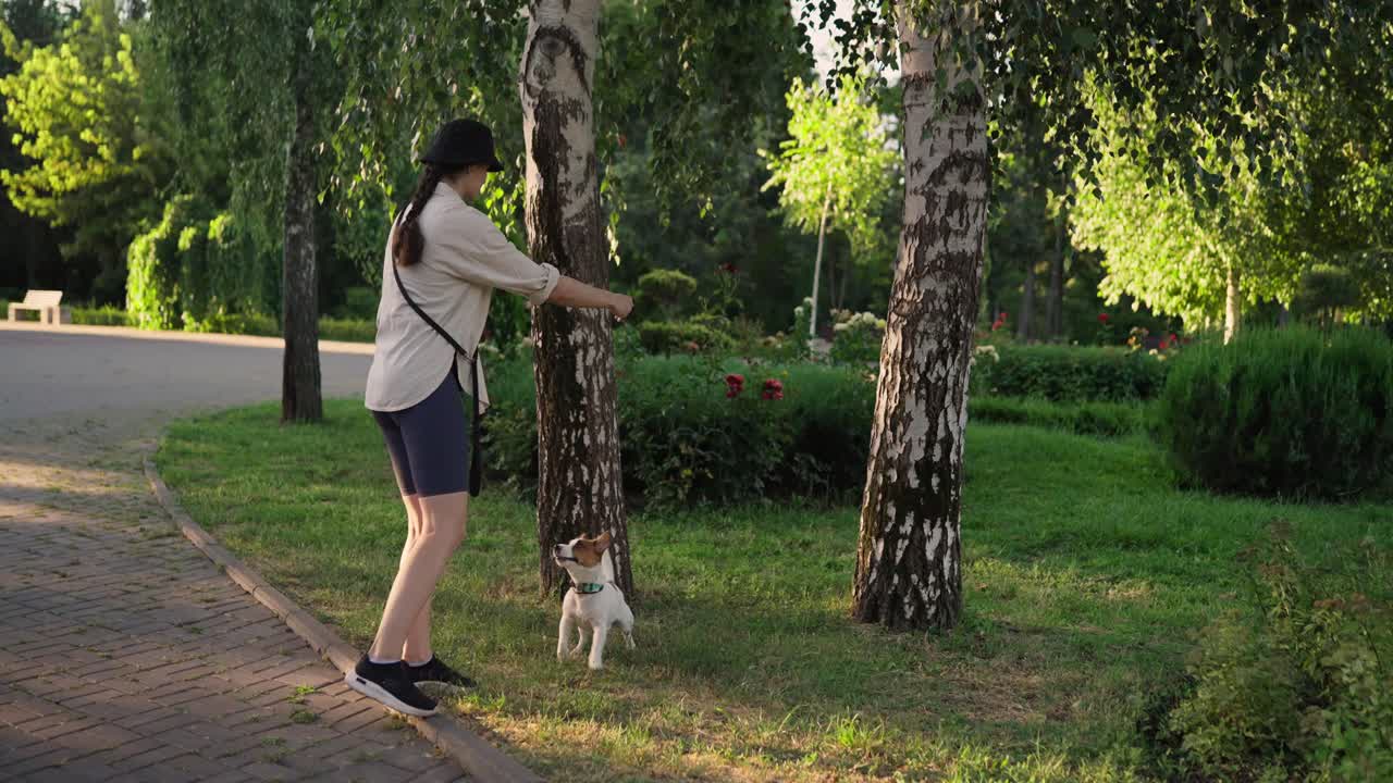 공원에서 개를 산책시키는 여자